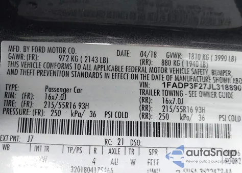 2018 Ford Focus Se z USA, uszkodzony, nr VIN 1FADP3F27JL318890